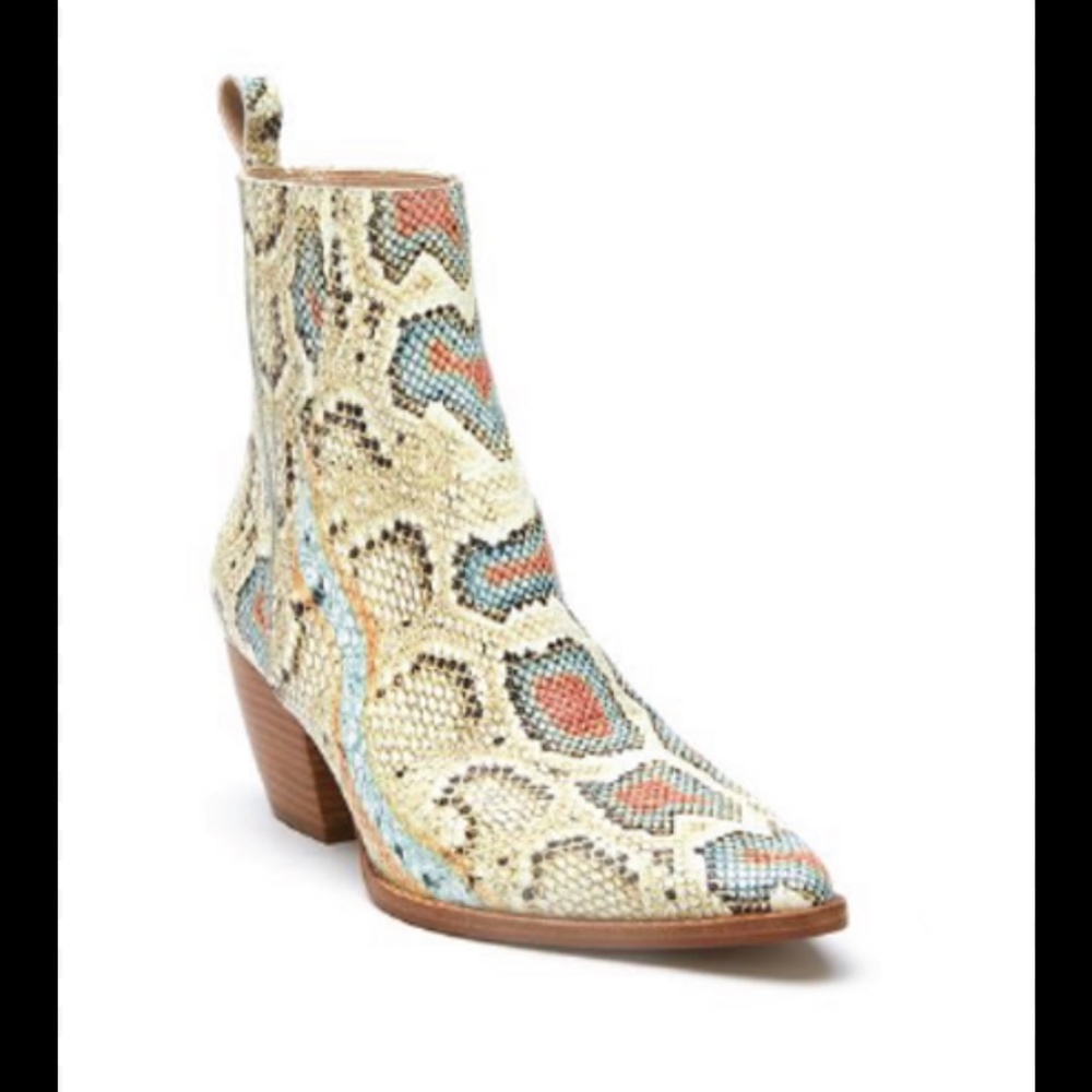 Multi colored snake skin ankle boot